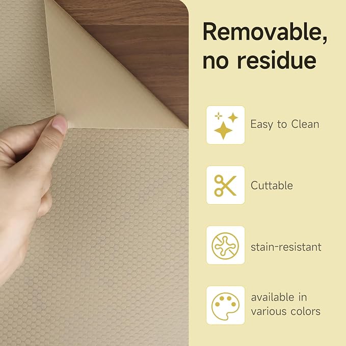 WochiTV Adhesive Shelf Liner 30 X 240 Inches Peel and Stick Kitchen Liner for Cabinets, Drawers Removable Protector Mat Waterproof Contact Covering for Dresser Pantry Countertops Shelves, Khaki