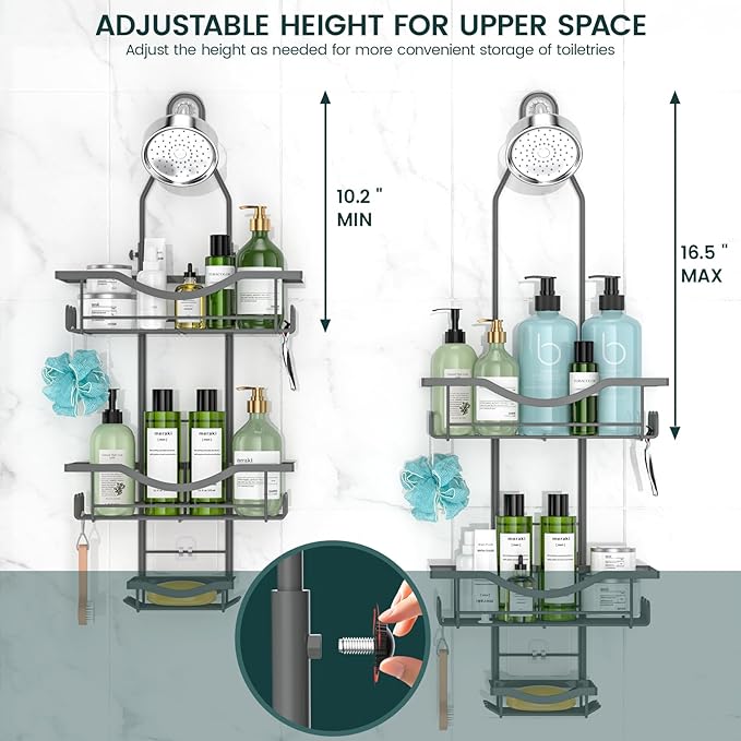 REINHARDT Shower Caddy Hanging Adjustable, Extended Length Rustproof Shower Caddy Over Shower Head with Hooks Soap Holder, Large Capacity Shower Organizer Anti-Swing Bathroom Organizer, Grey