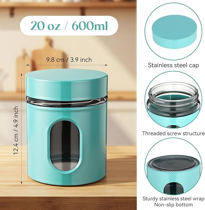Mimorou 3 Pcs Stainless Steel Canister Set with Glass Windows Visible Storage Jars Silver Kitchen Canister Set for Pasta Flour Oat Sugar Container, Kitchen Tools, Housewarming Gifts(Turquoise,20 oz)