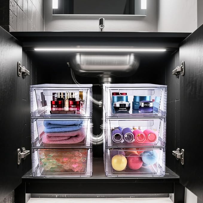 4 Pack Clear Stackable Storage Drawers, 3.95" H Easily Assemble Acrylic Organizer Bins - Multi-Use for Make up, Closet, Pantry, Bathroom, Medicine, Kitchen Cabinet & Undersink Organization
