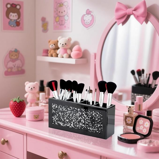 SHYFOY Black Makeup Brush Holder, 4-Compartment Makeup Organizer with Crushed Diamond Crystals, Vanity Cosmetics Organizer Solution, Pencil Holder Organizer for Desk