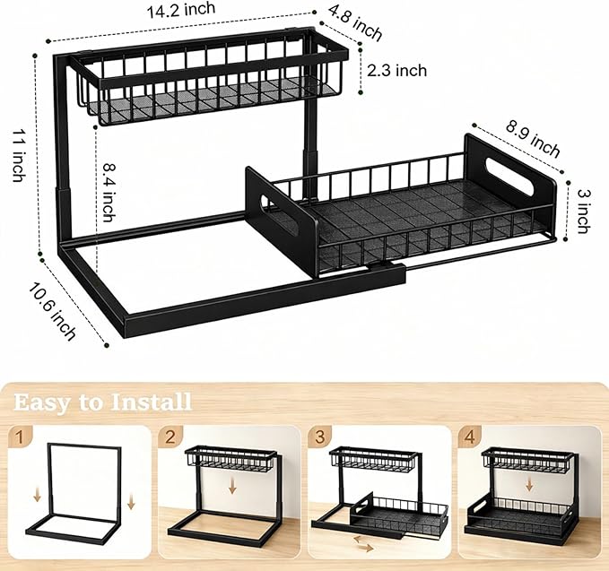 2 Pack Upgraded Under Sink Organizer, 2 Tier Pull out Kitchen Cabinet Organizer Metal Slide out Bathroom Organizers and Storage Makeup Drawer Organizer for Office Bedroom Restroom Living Room, L-Black