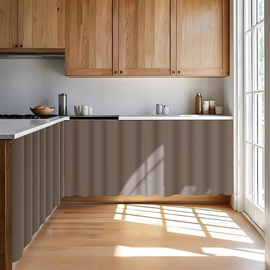 Under Sink Curtain for Closet, Privacy Short Cabinet Curtain Self Stick Adhesive Desk Skirt for Kitchen Classroom, Brown A, 32" W x 28" L