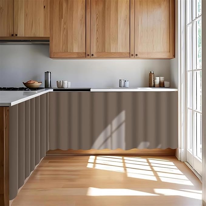 Under Sink Curtain for Closet, Privacy Short Cabinet Curtain Self Stick Adhesive Desk Skirt for Kitchen Classroom, Brown A, 35" W x 20" L