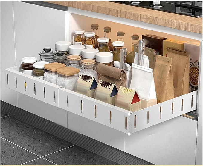 Focket Expandable Pull Out Drawers For Cabinets, Heavy Duty Slide Out No Drill Adjustable Drawers With Adhesive Tape And Dividers For Kitchen Pantry Bathroom Storage