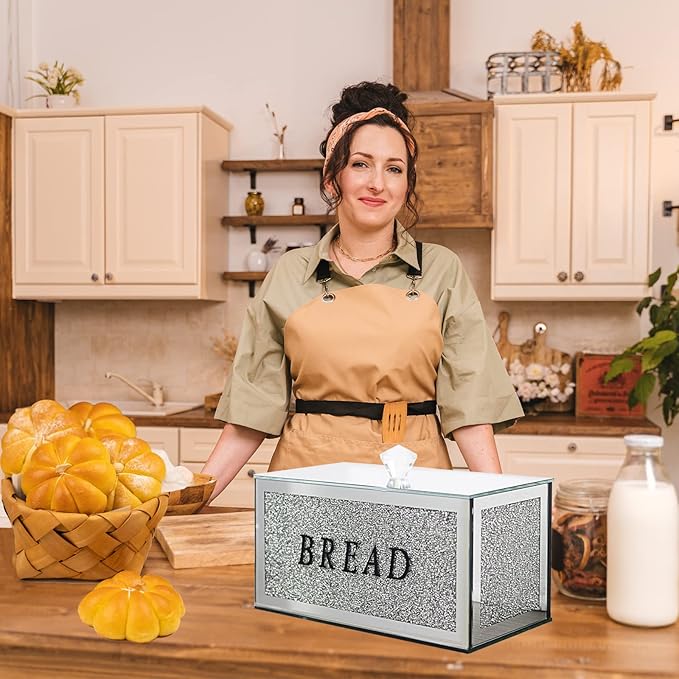 Large Crystal Glass Bread Container Box with Lid, 12.2" L x 6.3" W x 7.9" H Silver Homemade Bread Storage, Crushed Diamond Home Decor, Keep Bread Fresh Clean, Bread Bin for Kitchen Countertop