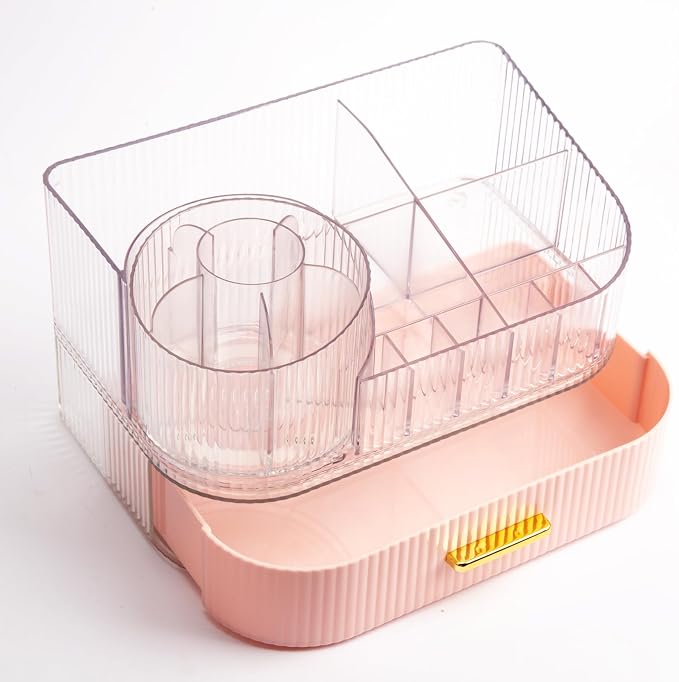 Makeup Organizer with Stackable Drawer and 360 Rotating Brush Holder, Cosmetic Storage Display, 11-inch Wide Beauty Counter, Pink, Large (Tray + 1 Drawer)