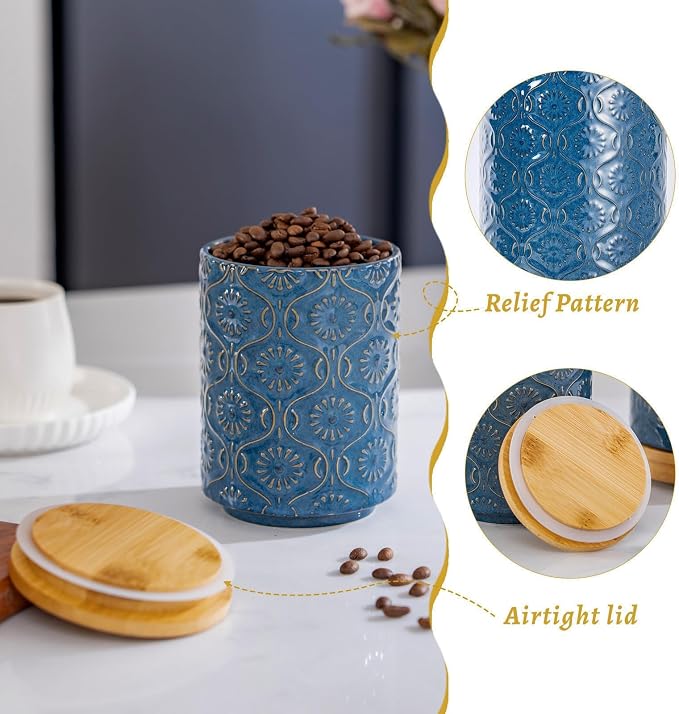 TEATALK Ceramic Canister with Airtight Lid, Cookie & Coffee Canister for Countertop, Food Storage Jar for Sugar, Tea, Matcha, Candy, Coffee Bean Container, Dark Blue, 7.7"+5.7"