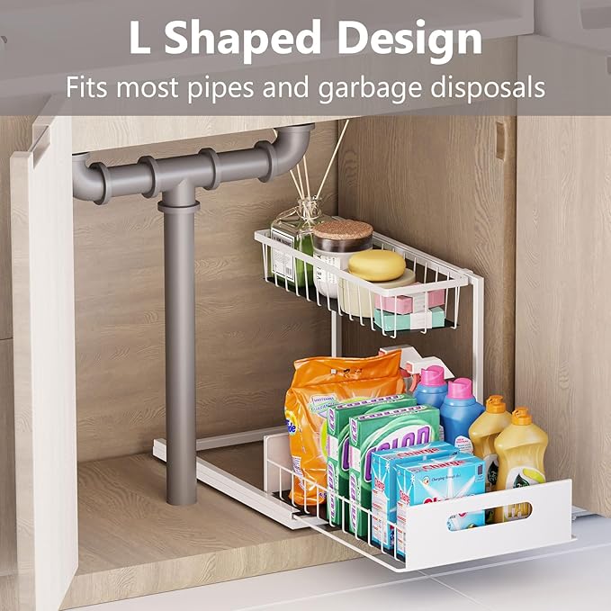 Ceetug Under Sink Organizers and Storage 2 Tier Slide Out Kitchen Cabinet Organizer Sturdy Metal Bathroom Storage (White, 1 Pack)