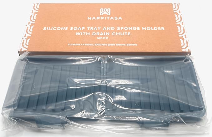 Silicone Soap Dish Tray and Sponge Holder with Drain Chute, Rectangular, Kitchen and Bathroom Sink Organizer (Smoky Blue, 5.2"x4" (Set of 2), 7.2 Ounces)