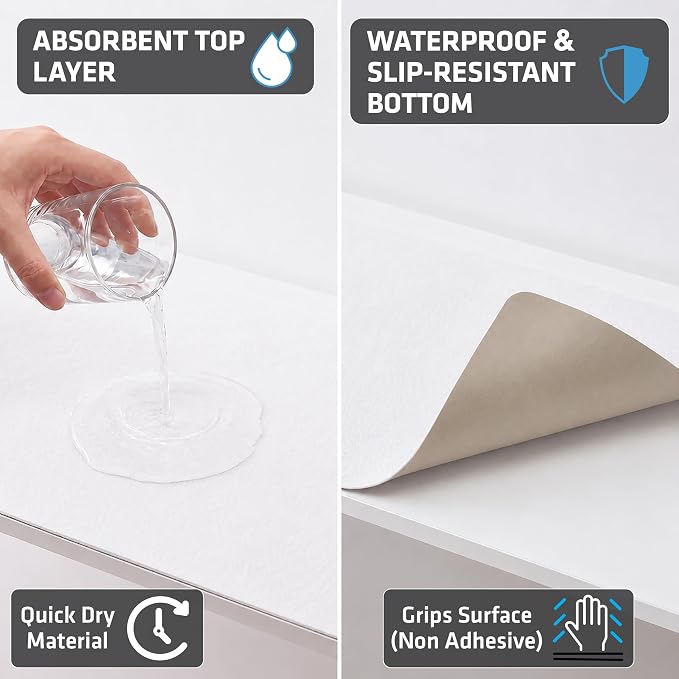 Drymate Premium Luxury Shelf & Drawer Liner, Thick Cushioned Fabric, Non-Adhesive, Absorbent, Waterproof, Slip-Resistant, Liners for Kitchen Cabinets, Cupboards (USA Made)(12”x59”)(2-Pack)(White)