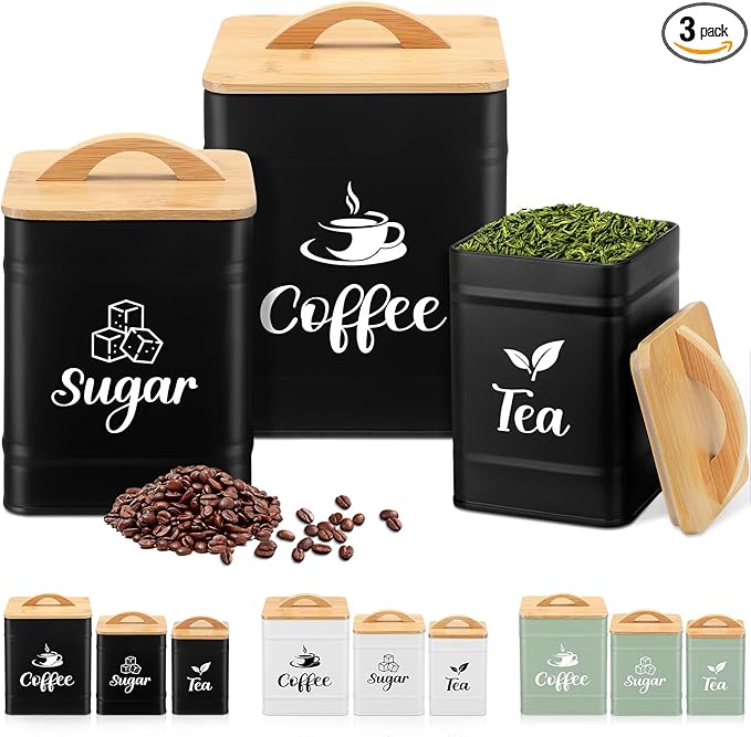 Maxdot 3 Set Coffee Sugar Tea Containers, Square Airtight Kitchen Canisters Storage Ground Organization with Bamboo Lids Rustic Metal Jars for Coffee Bar Beans, Tea Leaves, Food, Countertop(Black)