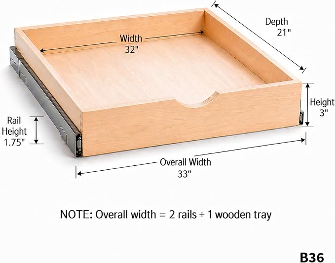 COUVER Birch Wood Pull-Out Cabinet Organizer - Soft Close Slide-Out Drawer for Kitchen & Bathroom, DIY Non-Assembled Wooden Under Sink Storage, Bottom-Mounted Side-Mounted, 33 inch