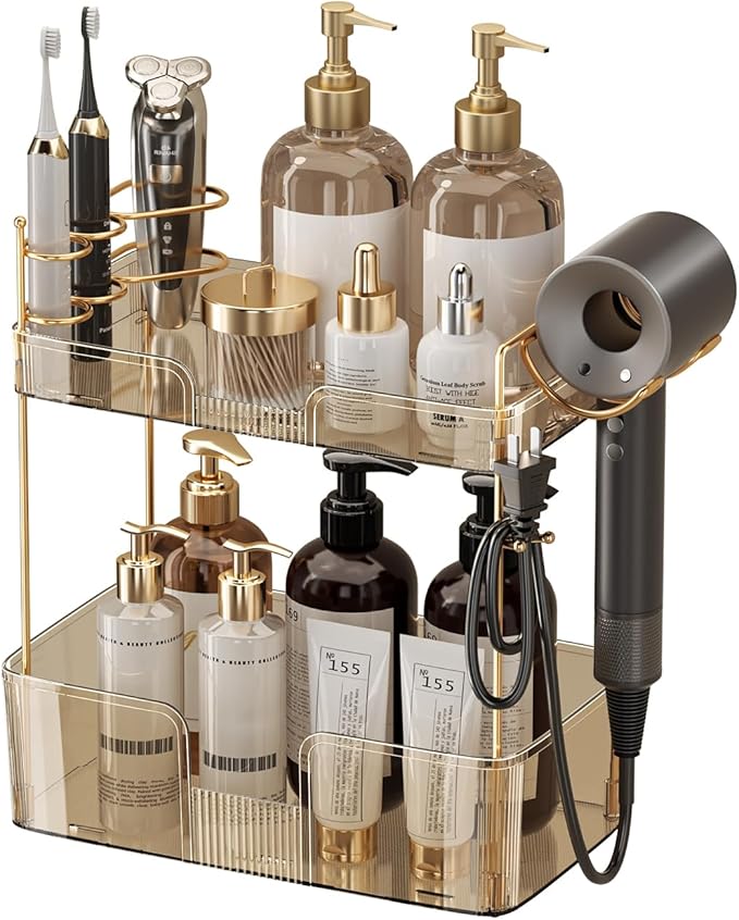 YCIA&DONE Bathroom Counter Organizer, Large Makeup Organizer Countertop, Shelf Storage, Vanity Tray, Easily Assemble for Bathroom Organizers and Storage, Undersink, Cabinet,2 Tiers Amber