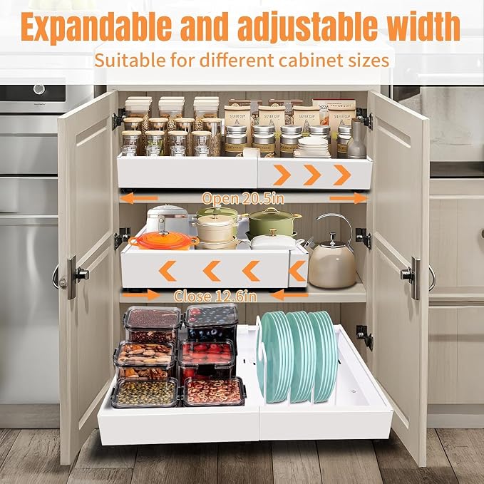 Expandable Metal Pull Out Cabinet Organizer 21"Deep with Raising Pad for Framed Cabinets/Pantry,Upgrade 3 Slide Rails Sliding Drawer for Cabinets with Adhesive Adjustable Width 12.05"-20.4"White 1P