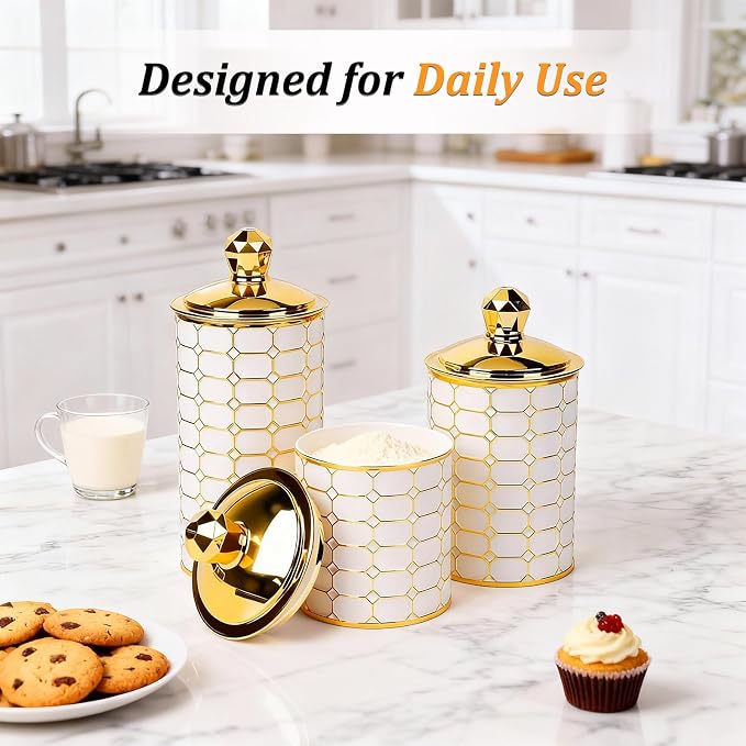 BigKing 3 Piece Plastic Canister Set for the Kitchen Counter - Sugar and Flour Containers with Airtight Lids for Countertops, Coffee and Tea Storage, Farmhouse Decor (Half Circle Lid)