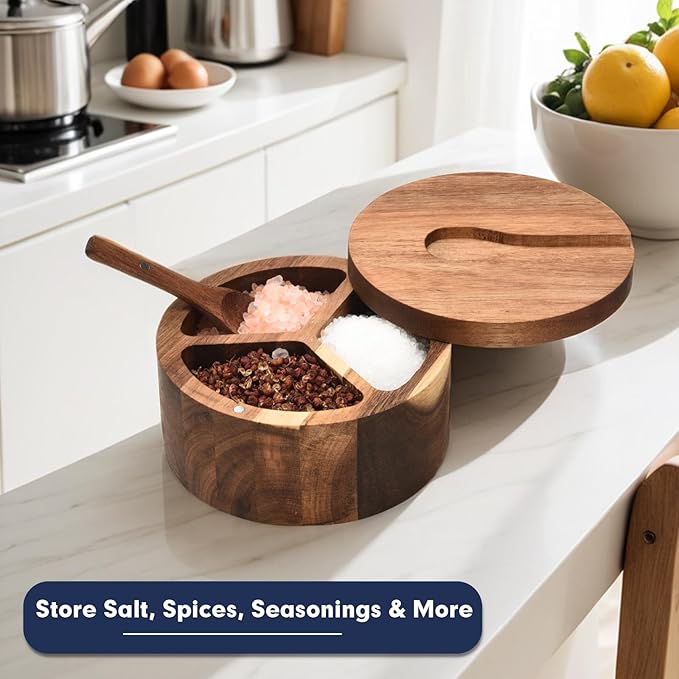 Wood Salt and Pepper Box, 3 Compartment Salt and Pepper Cellar With Lid and Spoon,Spice Condiment Container for Kitchen Countertop