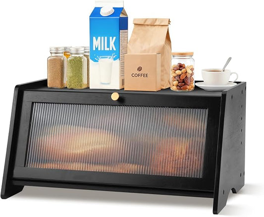 Bamboo Breadbox for Kitchen Countertop, Farmhouse Large Capacity Bread Container Storage Bin with Striped Window Door Panel, Vintage Bread Holder for Bagels, Muffins, Cupcakes & Cookies (Black)