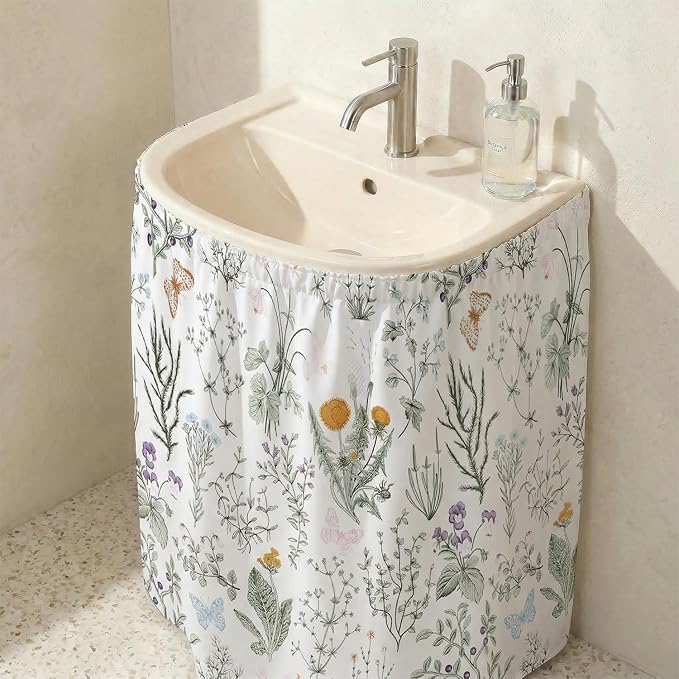 Pastoral Sink Skirt for Bathroom, Self Stick Adhesive Waterproof Fabric, Under Sink Curtain Skirt, Pedestal Sink Accessories Decor