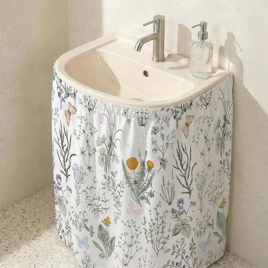 Pastoral Sink Skirt for Bathroom, Self Stick Adhesive Waterproof Fabric, Under Sink Curtain Skirt, Pedestal Sink Accessories Decor