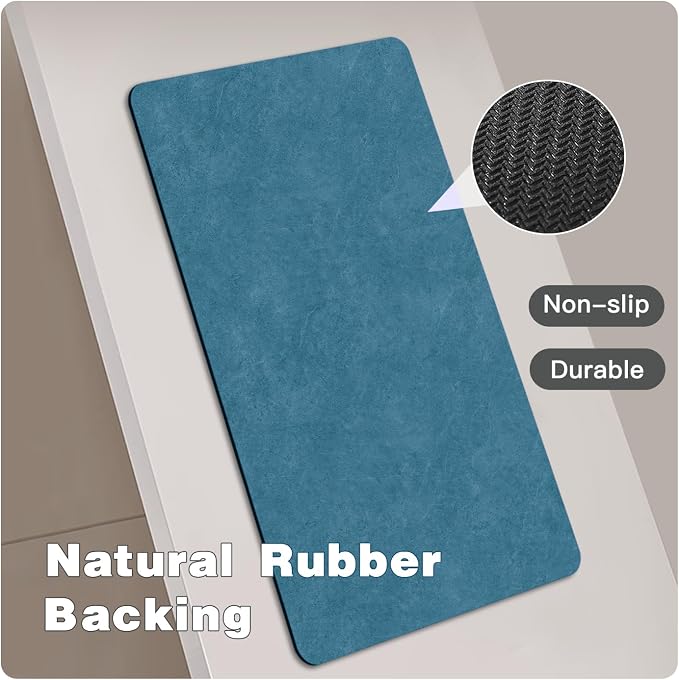 TYUU Bathroom Mat Quick Dry, Bathroom Rugs Non Slip Washable Thin Absorbent Bath Mat Fits Under Door Bathroom Floor Mat Perfect for Bath, Shower, or Sink 24"x48" Denim Blue