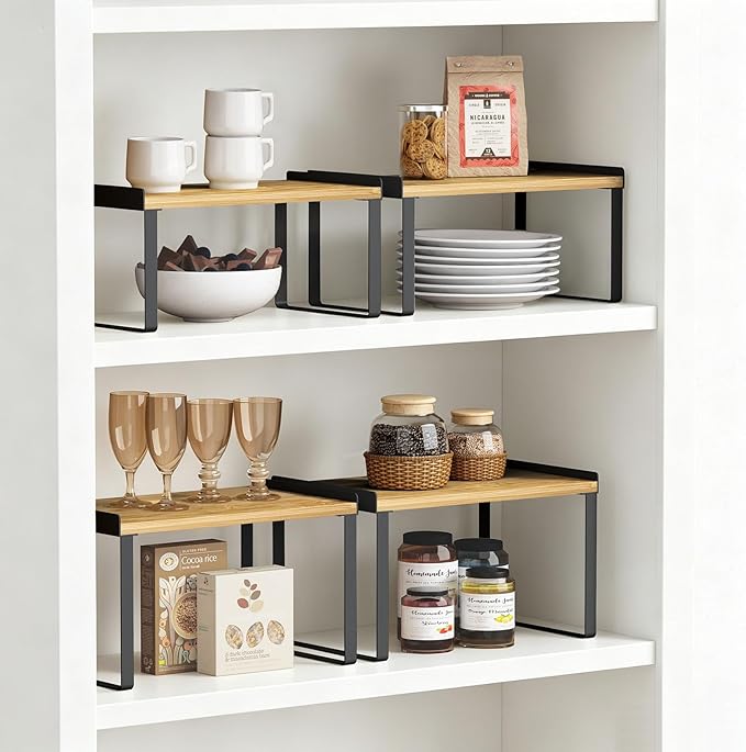 Goozii Cabinet Shelf Organizer Set of 4, Kitchen Counter Shelf Riser for Plates Dishes Cups Mugs Spices, Pantry Cupboard Cabinet Organizers and Storage Shelves Rack Insert for Countertop (Bamboo Wood)
