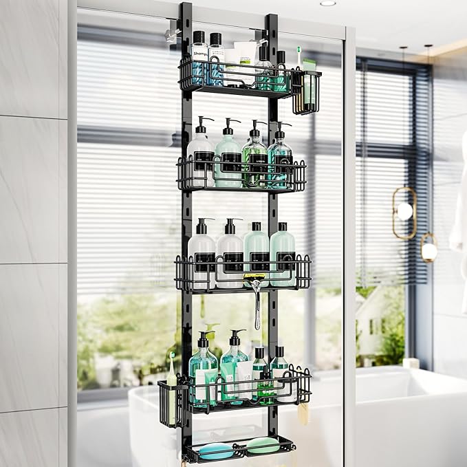 HapiRm 5 Tier Over the Door Shower Caddy, Hanging Shower Caddy with 28 Hooks and 2 Toothbrush Holders, No Drilling Adjustable Hanging Bathroom Organizer - Black