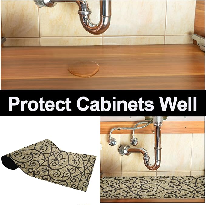 AiBOB Waterproof Under The Sink Mat, Absorbent Quick Dry Sink Liners Protect Cabinets, Durable Shelf Liners, Slip Resistant and Non-Adhesive, 24X36, Black/Brown