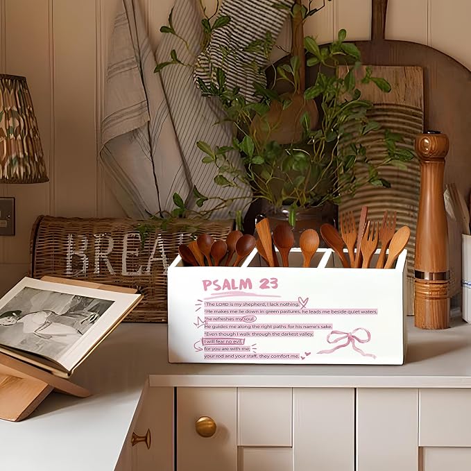 Pink Christian Pen Holder, Christian Gifts for Women Pencil Holder for Desk, Coquette Pink Bow Bible Verse Wooden Box Sign Decorations for Girly Room Bedroom Dorm Office Desk Tabletop