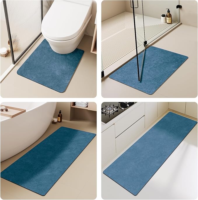 TYUU Bathroom Mat Quick Dry, Bathroom Rugs Non Slip Washable Thin Absorbent Bath Mat Fits Under Door Bathroom Floor Mat Perfect for Bath, Shower, or Sink 24"x60" Denim Blue
