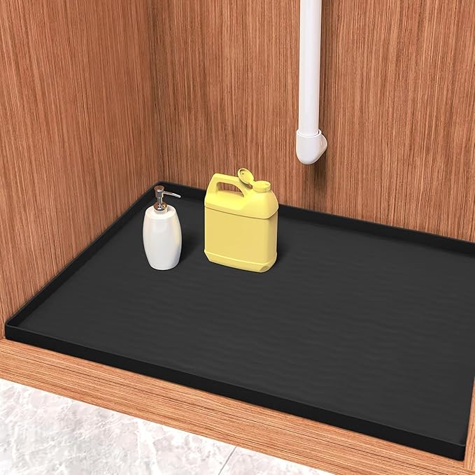 URMONA Waterproof Silicone Under Sink Mat 22'' x 19'' Shelf Liner for Kitchen and Bathroom, Cabinet and Counter Protector, Storage and Organizers, Litter Mat, Pet Cat Puppy Essentials(Black)