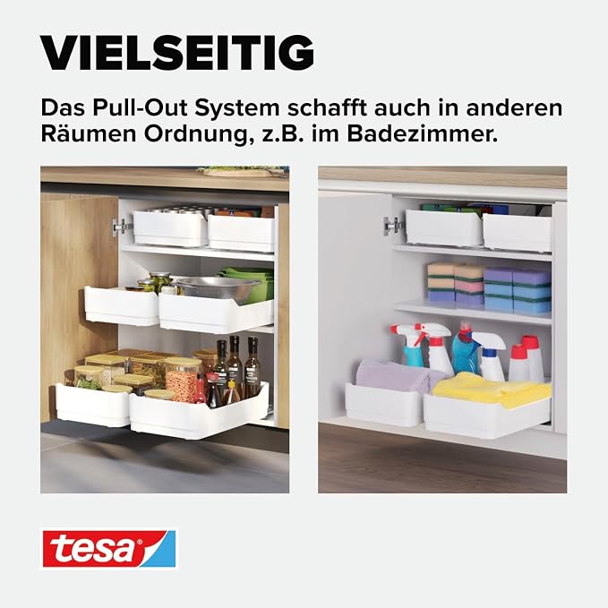 tesa Pull Out Extendable Kitchen Drawer - Self-adhesive Floor Slide for Kitchen Cabinets - Drill Free Drawer Runners - Telescopic Organiser for Kitchen Utensils