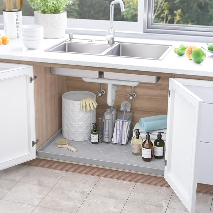 SIKADEER 25" x 22" Under Sink Mat Waterproof, Silicone Mat Kitchen Drawer Shelf and Cabinet Liner, Sink Protector for Kitchen Organizers and Storage, Boot Tray Pet Food Mats
