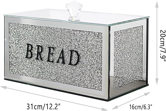 Large Crystal Glass Bread Container Box with Lid, 12.2" L x 6.3" W x 7.9" H Silver Homemade Bread Storage, Crushed Diamond Home Decor, Keep Bread Fresh Clean, Bread Bin for Kitchen Countertop