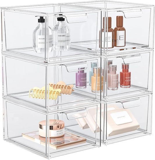 SpaceHacks 6 Pack Stackable Makeup Organizer and Storage, Acrylic Organizers，Clear Plastic Storage Drawer with Pull-Out Handles for Vanity, Undersink, Kitchen Cabinets, Pantry