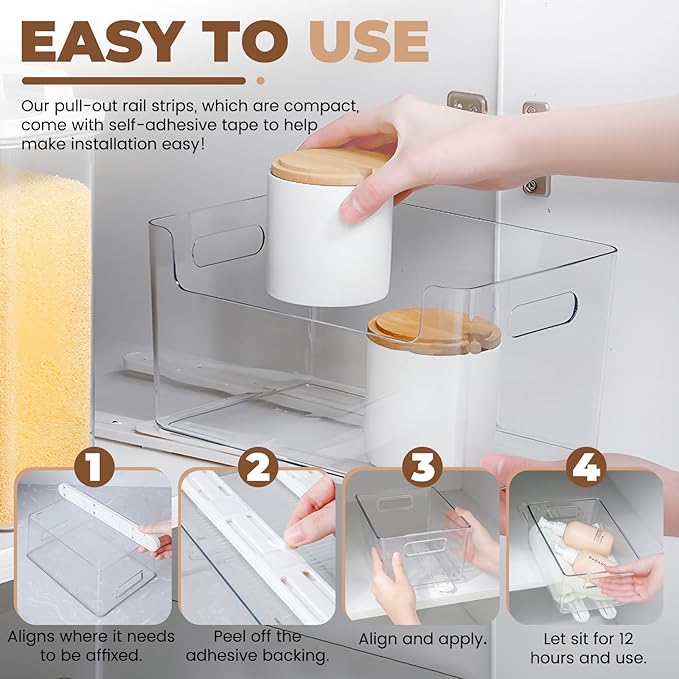 LELE LIFE Adhesive Pull Out Cabinet Drawer Sliders, Drawer Bin Organizer Sliding Rails Guides, No Drill DIY Basket Slides Bottom Mount for Shelf (8 Pack)