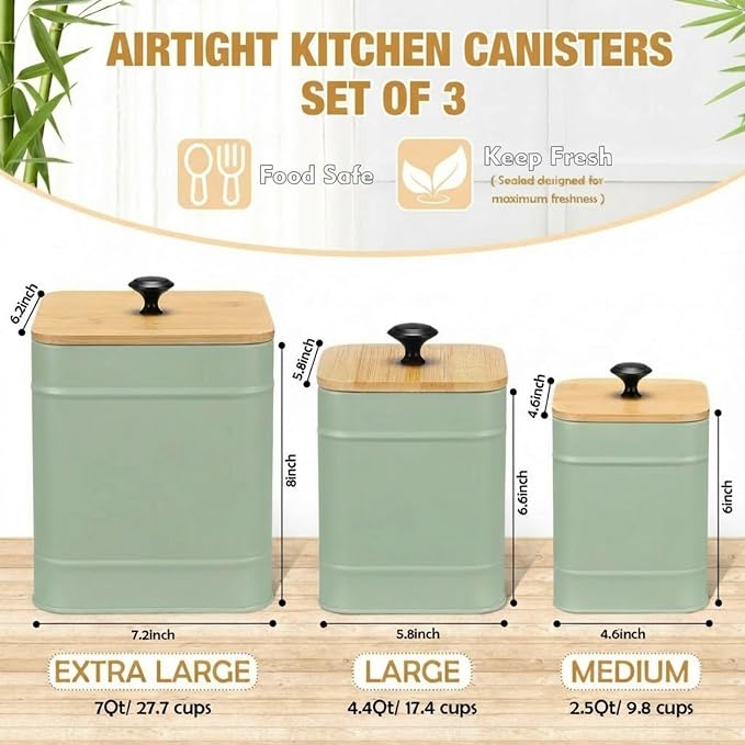 Tioncy Kitchen Canisters for Countertop Set of 3 Metal Canisters Sets with Bamboo Lids Spoon Airtight High Capacity Coffee Tea Sugar Flour Jars with DIY Labels Farmhouse Food Storage (Green,Xl,L,M)