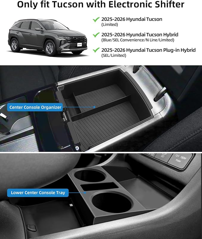 Double-Layer Center Console Armrest Organizer + Lower Center Console Tray for 2026 2025 Hyundai Tucson(Limited/Hybrid/Plug-in Hybrid), 2026 2025 Hyundai Tucson-ONLY Fit with Electronic Shift