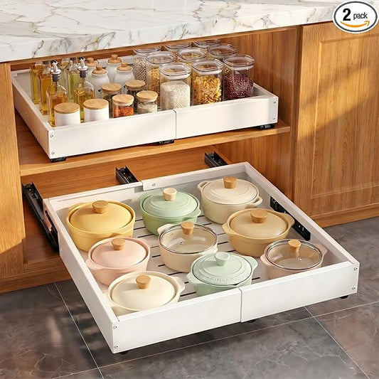 Pull Out Cabinet Organizer for Kitchen,Full Expandable Width 12"-19" Depth 16"-22" Cabinet Drawers Slide Out No Drill Adhesive,Cabinet Pull Out Shelves for Kitchen Pots Pans Spices 2Pack