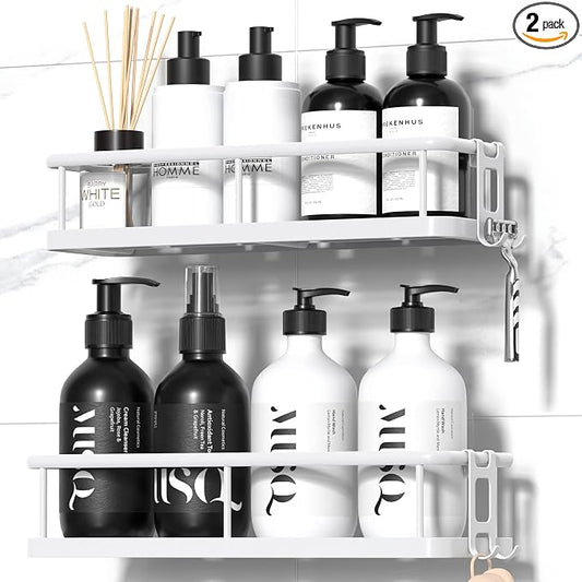 YASONIC Shower Caddy Adhesive, No Drill Bathroom Shower Organizers, with Removable Hooks, Rust Proof Shower Shelves, Wall-Mounted Shower Holder, White, 2 Pack