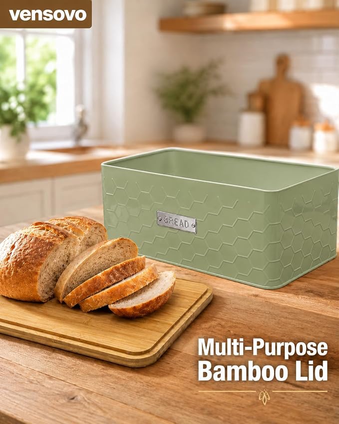 vensovo Bread Box for Countertop – Large Green Metal Bread Bin with Bamboo Cutting Board Lid, Farmhouse Bread Storage Container for Homemade Bread, Baked Goods & Kitchen Counter Organization