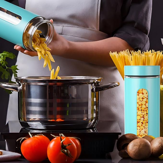 Mimorou 3 Pcs Stainless Steel Canister Set with Glass Windows Visible Storage Jars Silver Kitchen Canister Set for Pasta Flour Oat Sugar Container, Kitchen Tools, Housewarming Gifts(Turquoise,44 oz)