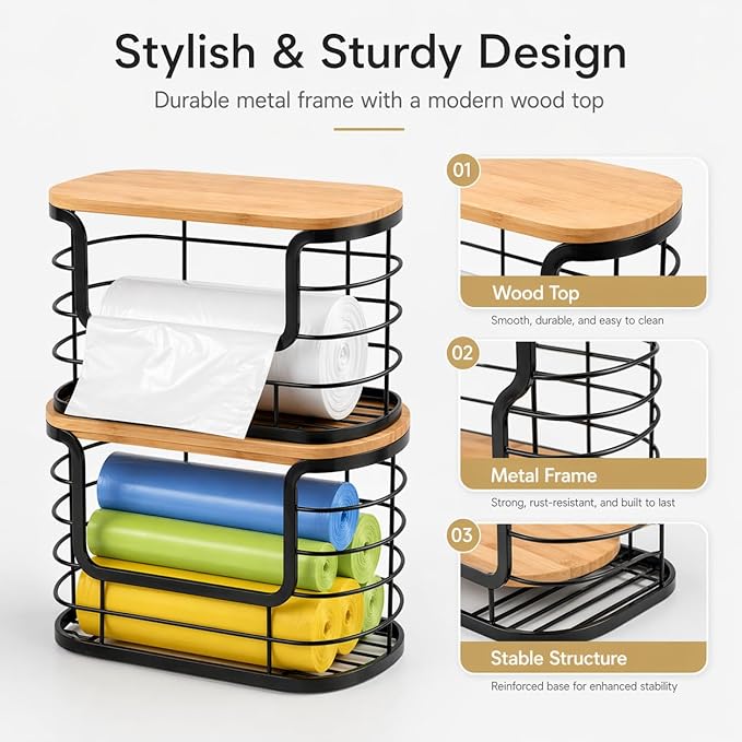 REFGY 2-Pack Multi-Purpose Trash Bag Holder & Stackable Kitchen Storage Organization Bins (11.02" x 6.69"), Protective Wire Basket with Natural Fiber Top, Versatile Garbage Bag Dispenser Under Sink
