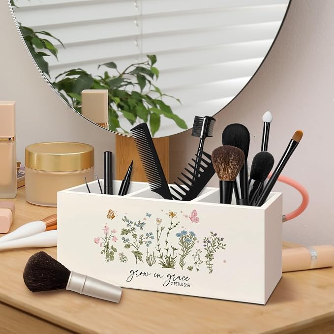 Floral Christian Wooden Pen Pencil Holder for Desk Accessories, Christian Gifts for Women, Grow in Grace Bible Verse Wildflowers Wood Makeup Brush Toothbrush Holder Organizer for Vanity Bathroom