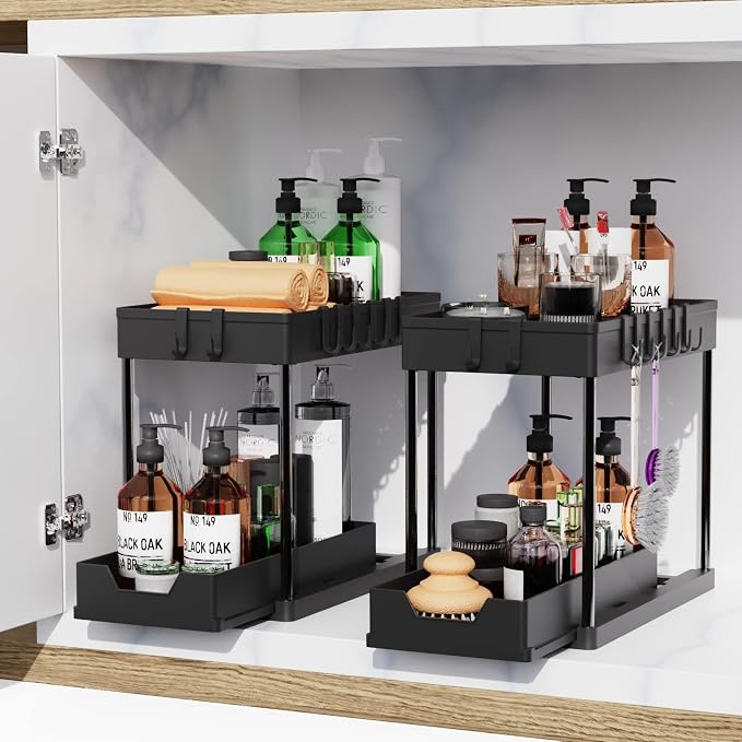 2 Pack Under Sink Organizers and Storage, 2-Tier Sliding Cabinet Basket Organizer with Hooks, Multi-Purpose Under Sink Organizers and Storage for Bathroom Kitchen