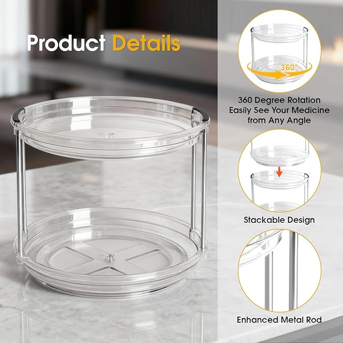 2 Tier Medicine Cabinet Organizer, Rotary Turntable Organizer for Medicine and Vitamin Bottles, Under Sink Organizer for Medicine, Bathroom Cabinet Storage, Easy Assembly, Transparent Clear