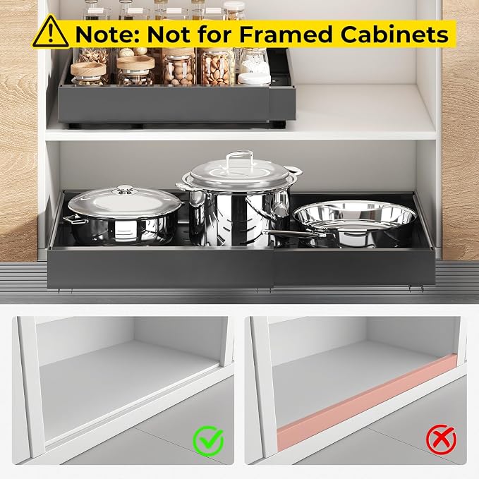 1 Pack Pull Out Cabinet Organizer, Expandable Width (12.2"-20.4") x 16.5'' Deep Slide Out Drawers for Kitchen Pantry Bathroom Cabinets, Load-Bearing Upgrade 3 Slide Rails Fixed with Adhesive Nano Film