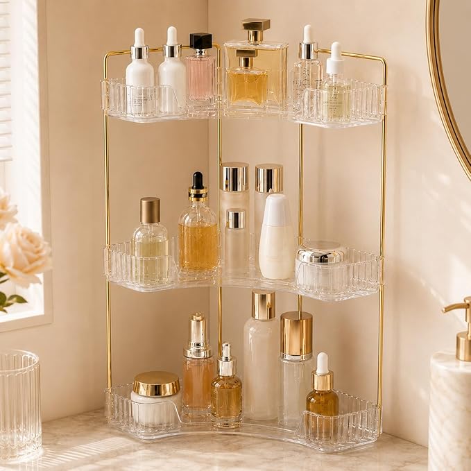 Ceruaxb 3-Tier Corner Bathroom Counter Organizer, Plastic Countertop Makeup Organizer, Large Capacity Vanity Bathroom Perfume Shelf Rack for Kitchen Office Desktop (Clear)
