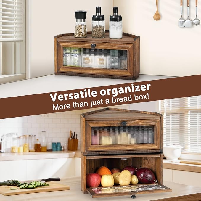 Sunhoo Bread Box for Kitchen Countertop Wooden Corner Breadbox Counter Food Storage Bin Container Farmhouse Rustic Homemade Bread Fresh Keeper Organizer Holder Vintage Stackable with Window (Brown)