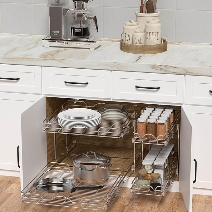 OCG 2 Tier Pull Out Cabinet Organizer (15.5" W x 21" D), Pull Out Drawers for Kitchen Cabinets, Pull Out Shelves for Base Cabinet Organization in Kitchen Bathroom Pantry, Chrome Finish